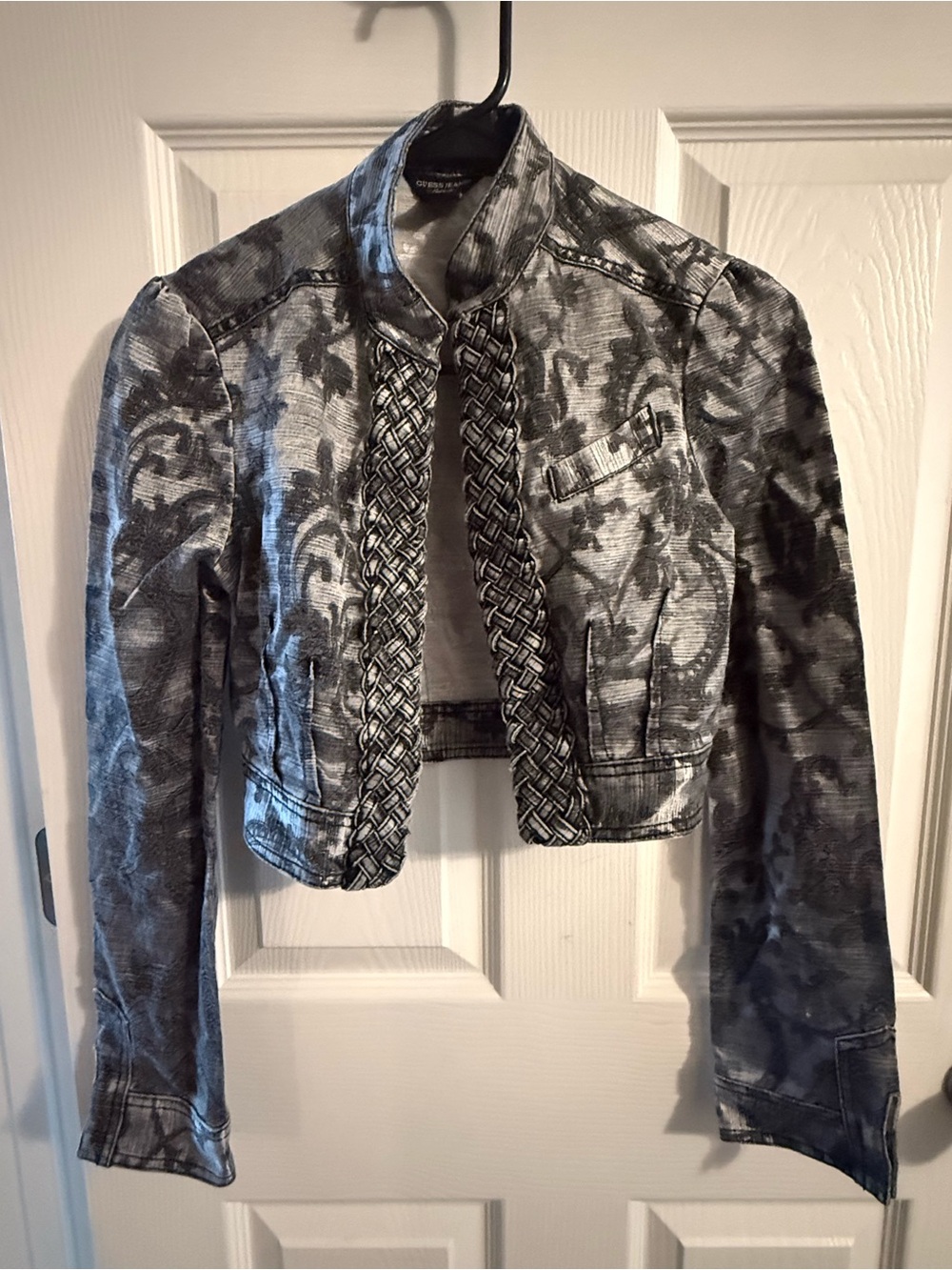 Vintage Y2K Guess Jeans Damask Cropped Blazer Braided Trim Hook & Eye XS